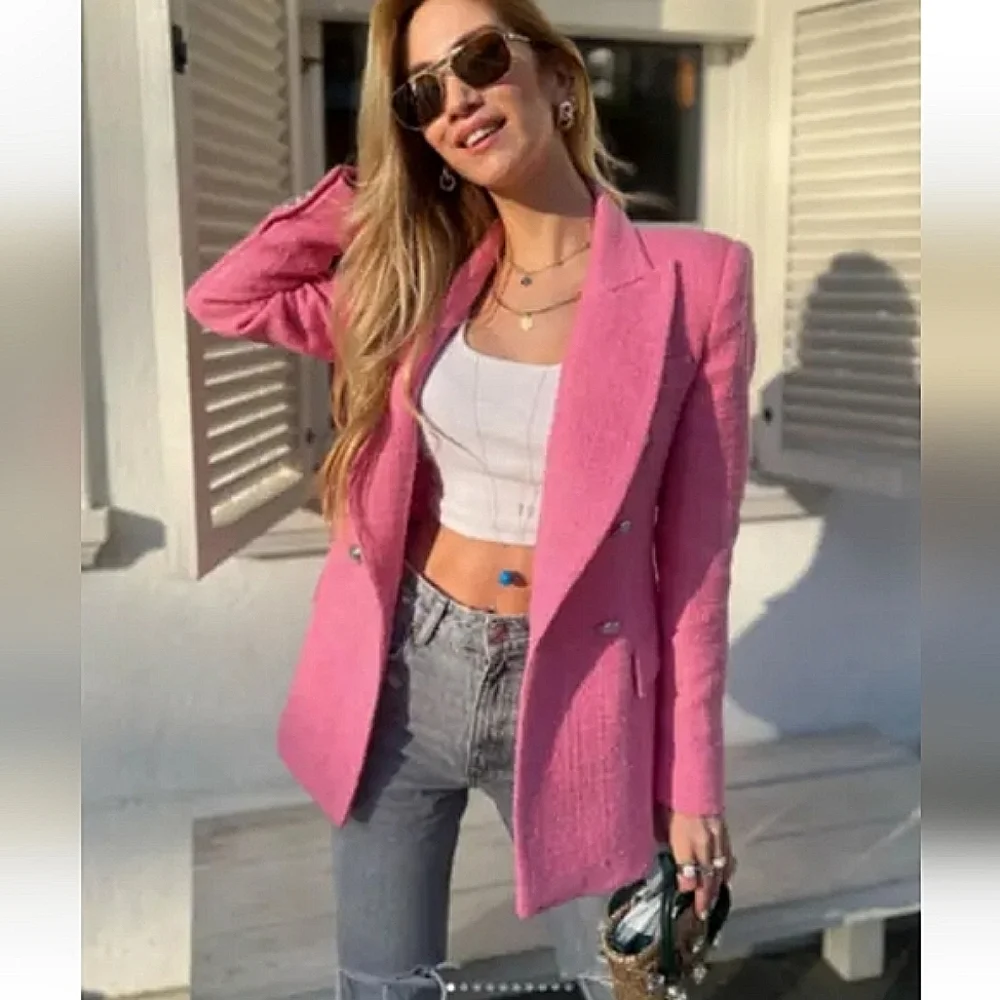 Zara Textured Tweed  Double Breasted  Blazer pink size S - Picture 6 of 17